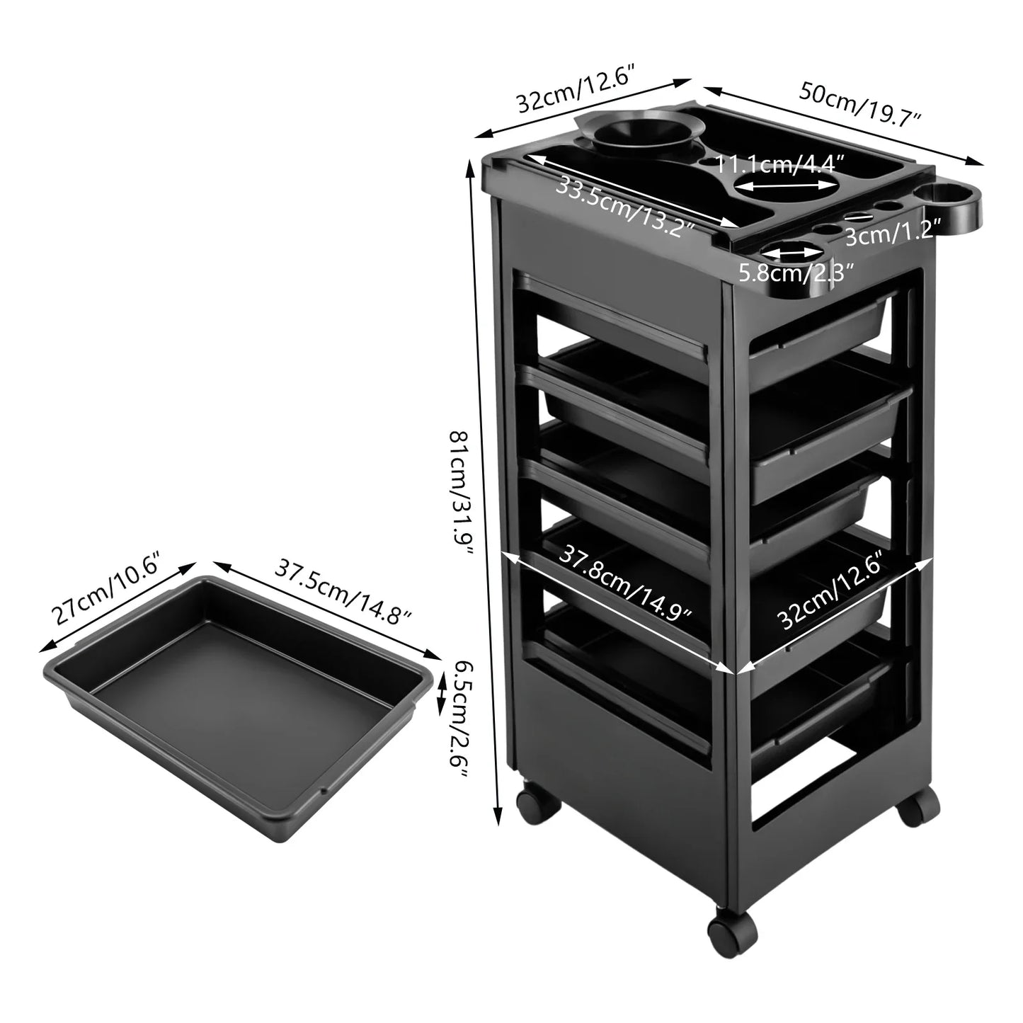 5-Layer Beauty Salon Spa Hair Styling Station Trolley, Equipment Rolling Storage Tray Cart, with Wheels and 5 Drawers