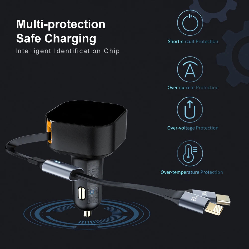 New Retractable Line Mobile Phone Car Charger Cigarette End Port Car Charging Point Super Fast Charging Xiaomi Huawei Apple 15