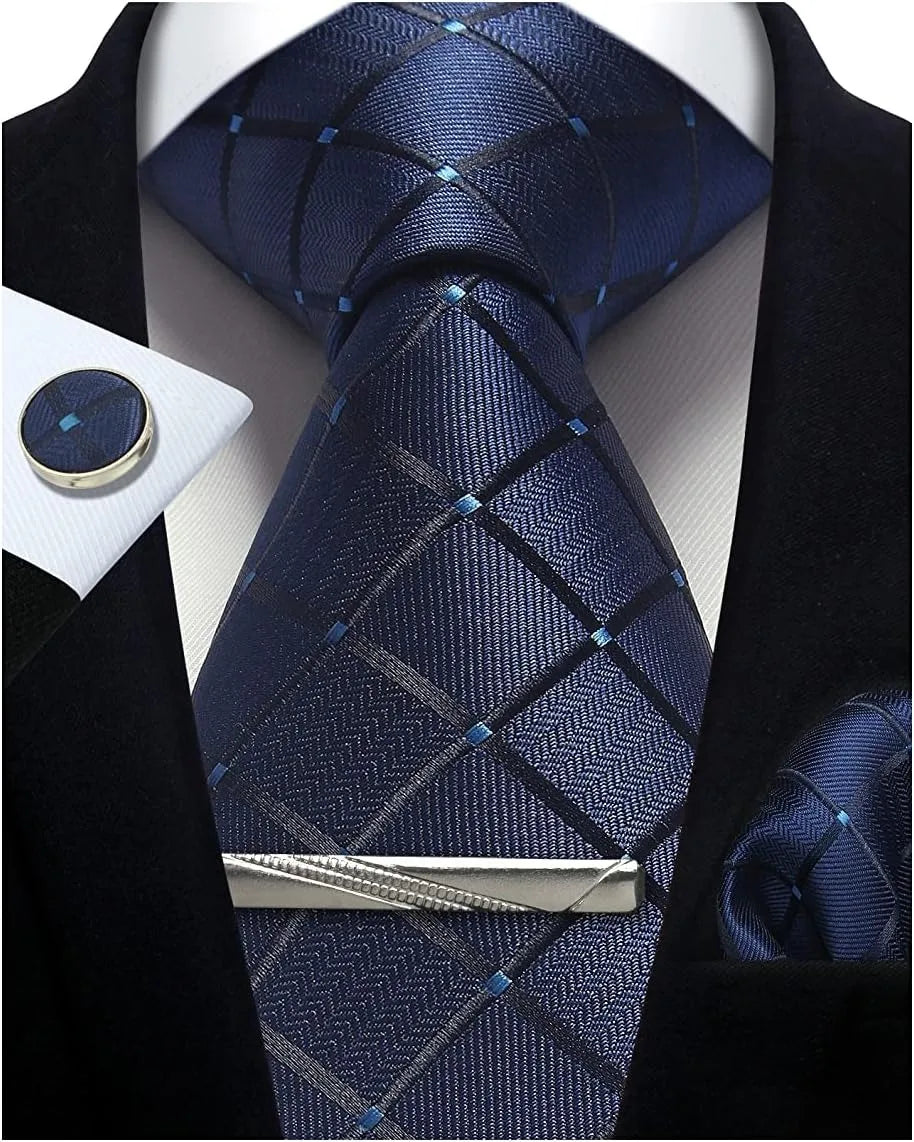 100% Silk Plaid & Checkered Men’s Tie Set with Pocket Square, Tie Clip & Cufflinks. Business & Wedding Necktie Gift Set  Optimized Description