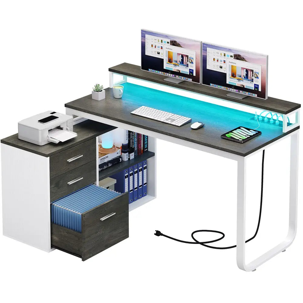 L-Shaped Gaming Computer Desk Home Office Desk File Drawers