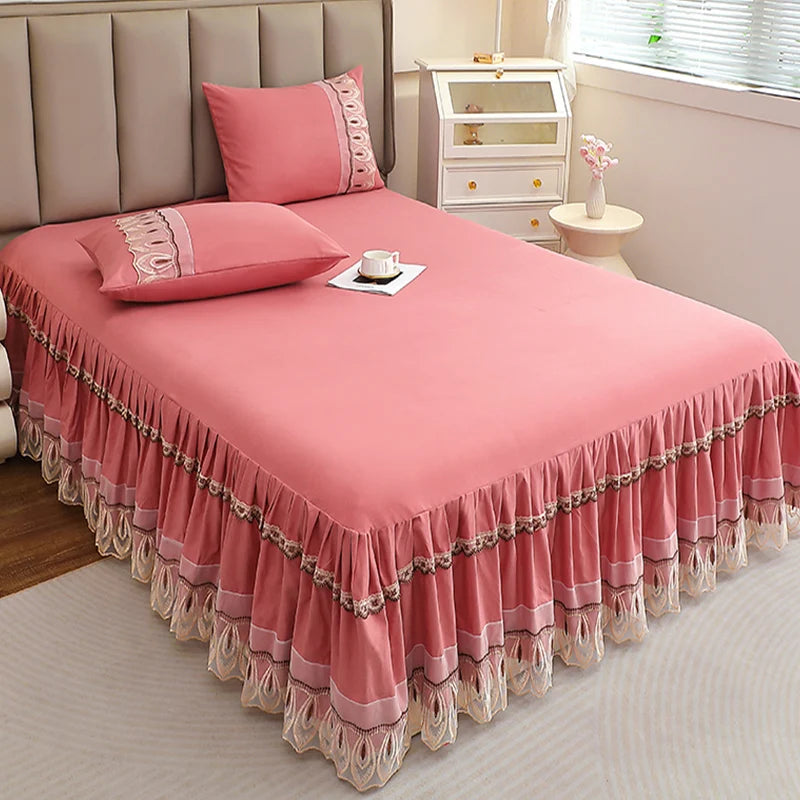 Elegant Solid Color Lace Bed Skirt Set
