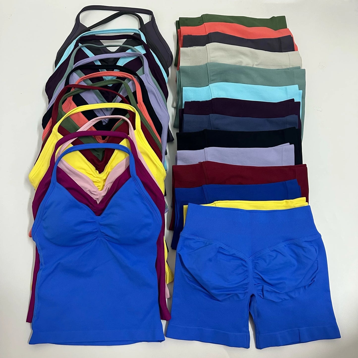 No Logo YogaGym Set Women Backless Tank Tops High Waist Scrunch Seamless Shorts Gym Suit Fitness Clothes Activewear Workout Sets