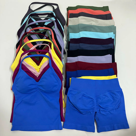 No Logo YogaGym Set Women Backless Tank Tops High Waist Scrunch Seamless Shorts Gym Suit Fitness Clothes Activewear Workout Sets