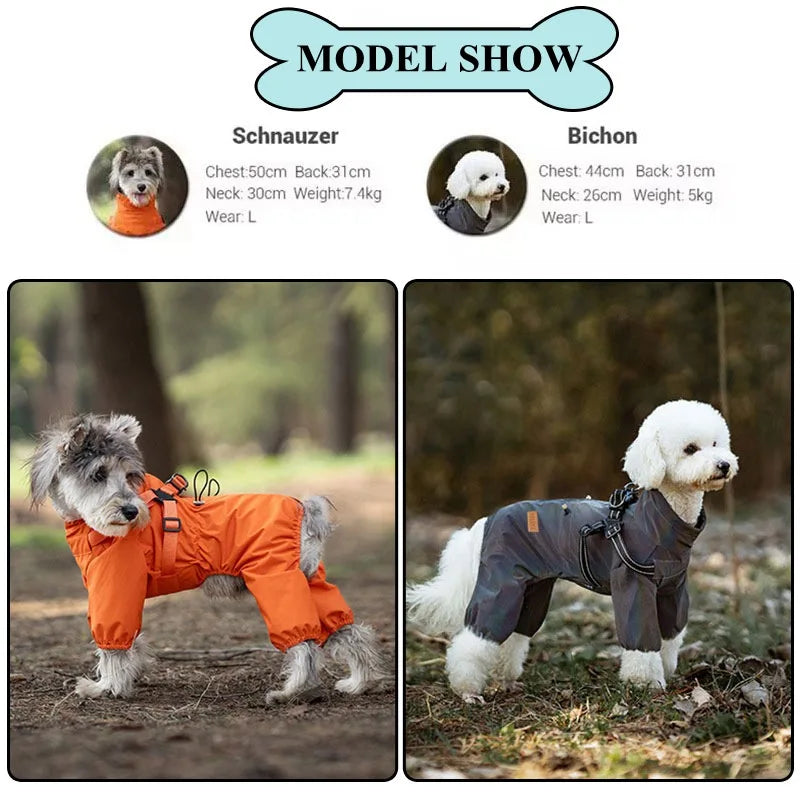 Waterproof Dog Raincoat with Harness . Reflective All-Weather Pet Jumpsuit