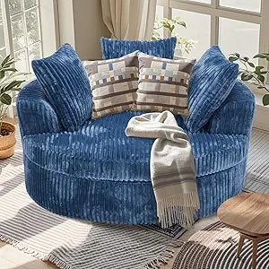 59 Inch Oversized Chaise Lounge Chair Indoor, Round Corduroy Chaise Lounge Sofa Bed with Throw Pillows and Backrest, Plush Sleep