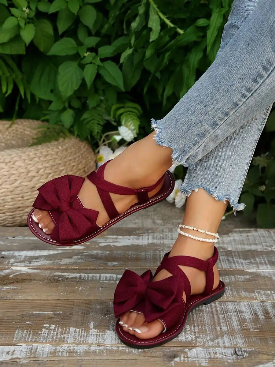 Plus Size Round Toe Criss Cross Bow Flat Sandals, Elastic Open Toe Beach Slippers Summer Casual Wear