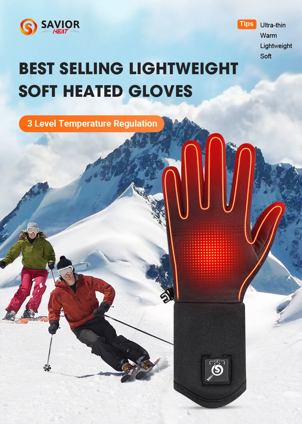Savior Heat Electric Heated Glove Liners for Men Women Rechargeable Battery Heating Riding Ski Snowboarding  Cycling Thin Gloves