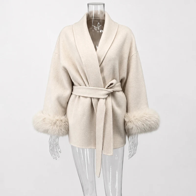 Women's Short Faux Fur Coat – Elegant Belted Winter Jacket with Shawl Collar