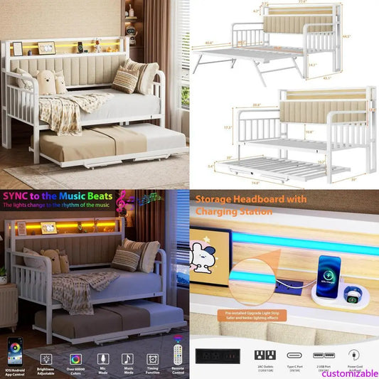 "durable metal daybed with lift trundle, twin bed frame with padded headboard and usb charging port"