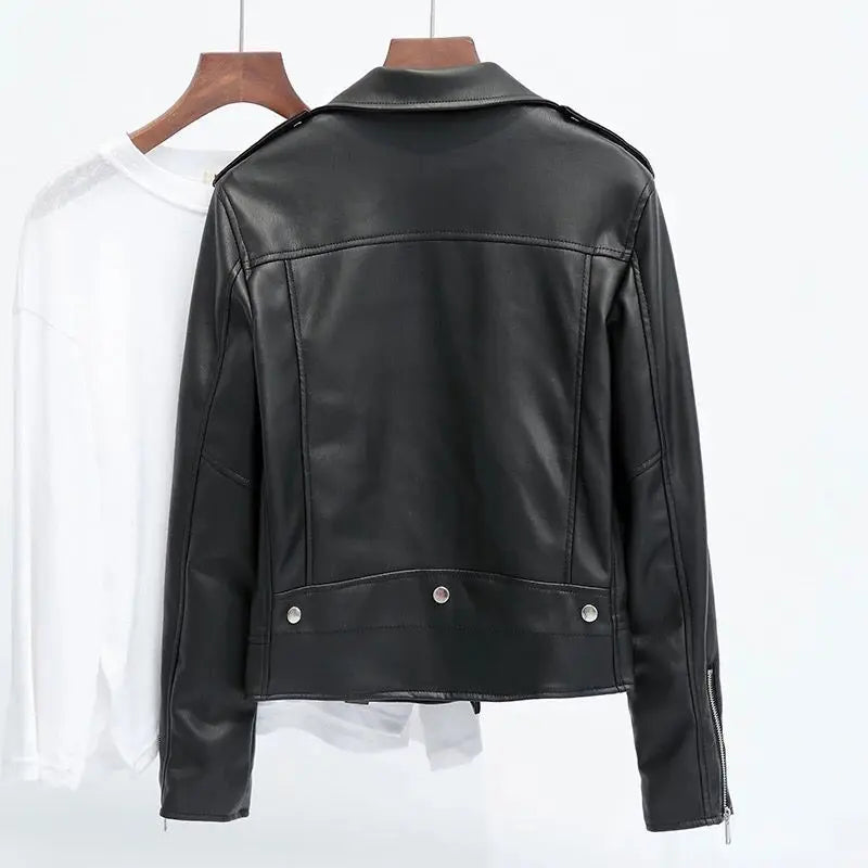 Women's Black Faux Leather Biker Jacket.  Asymmetrical Zip-Up Coat with Lapel Collar