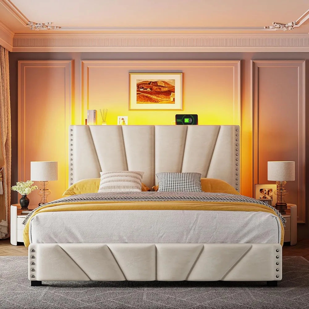 Queen Bed Frame With Velvet Storage Headboard And Led Lights