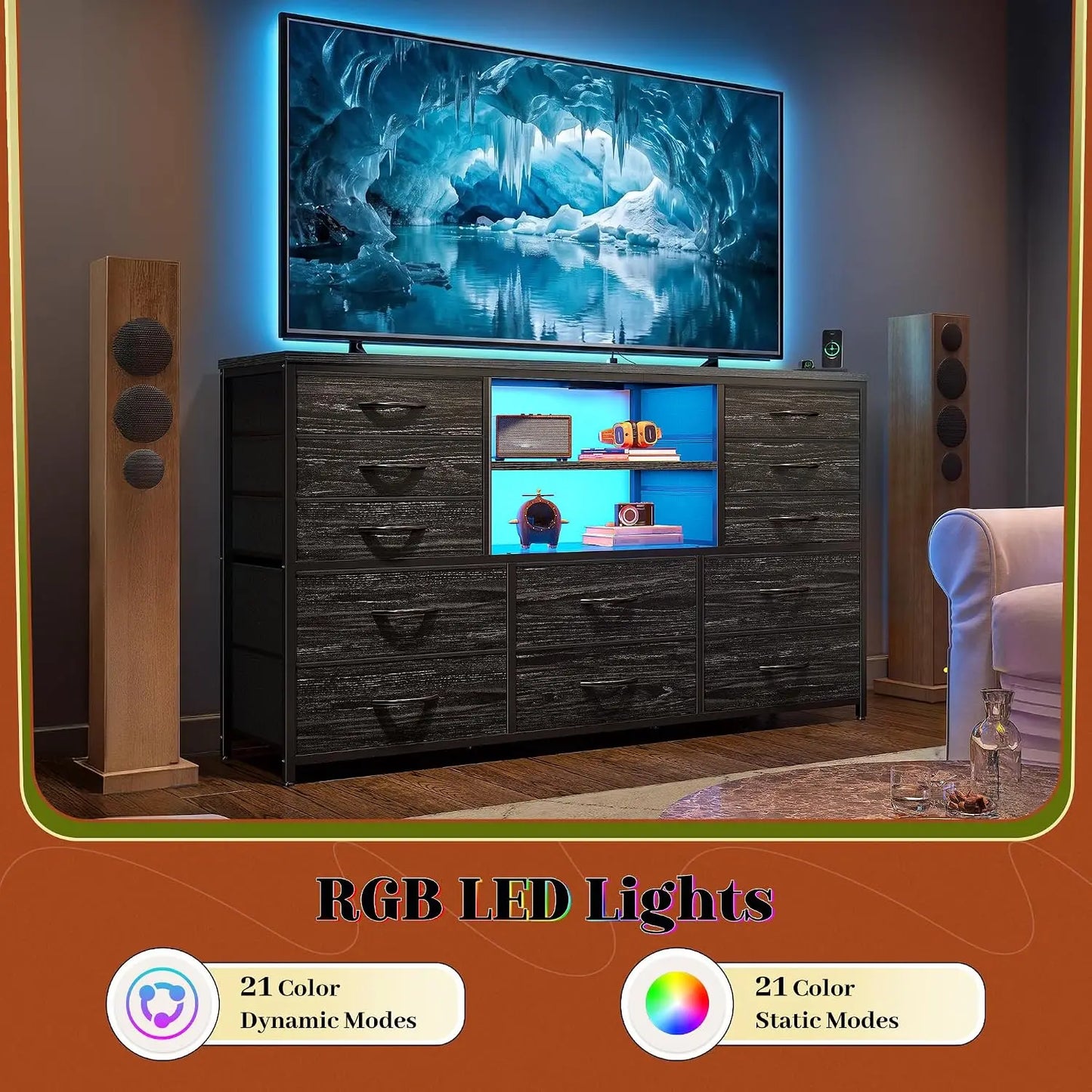 LED Bedroom Dresser with Charging Station & Storage Drawers