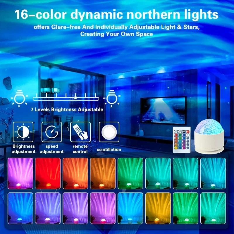 16-Color Aurora Galaxy Projector Night Light . Northern Lights Water Ripple LED Lamp with Remote Control