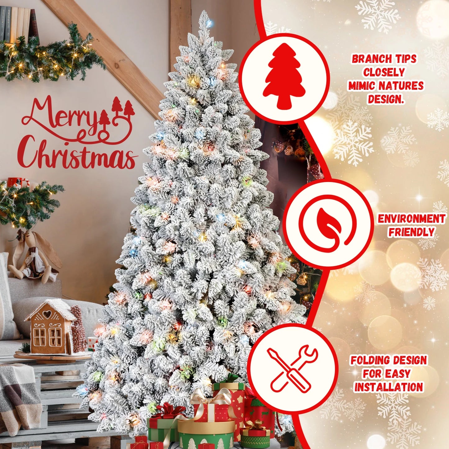FT Pre-Lit Snow-Flocked Artificial Christmas Tree .Premium Mixed PVC Branches with Warm Holiday Lighting