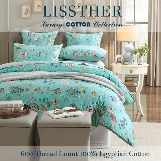 3pcs 600TC 100% Egyptian Cotton Duvet Cover Set, Vintage Cyan Paisley Floral, Soft Breathable Skin-Friendly (No Inserts)