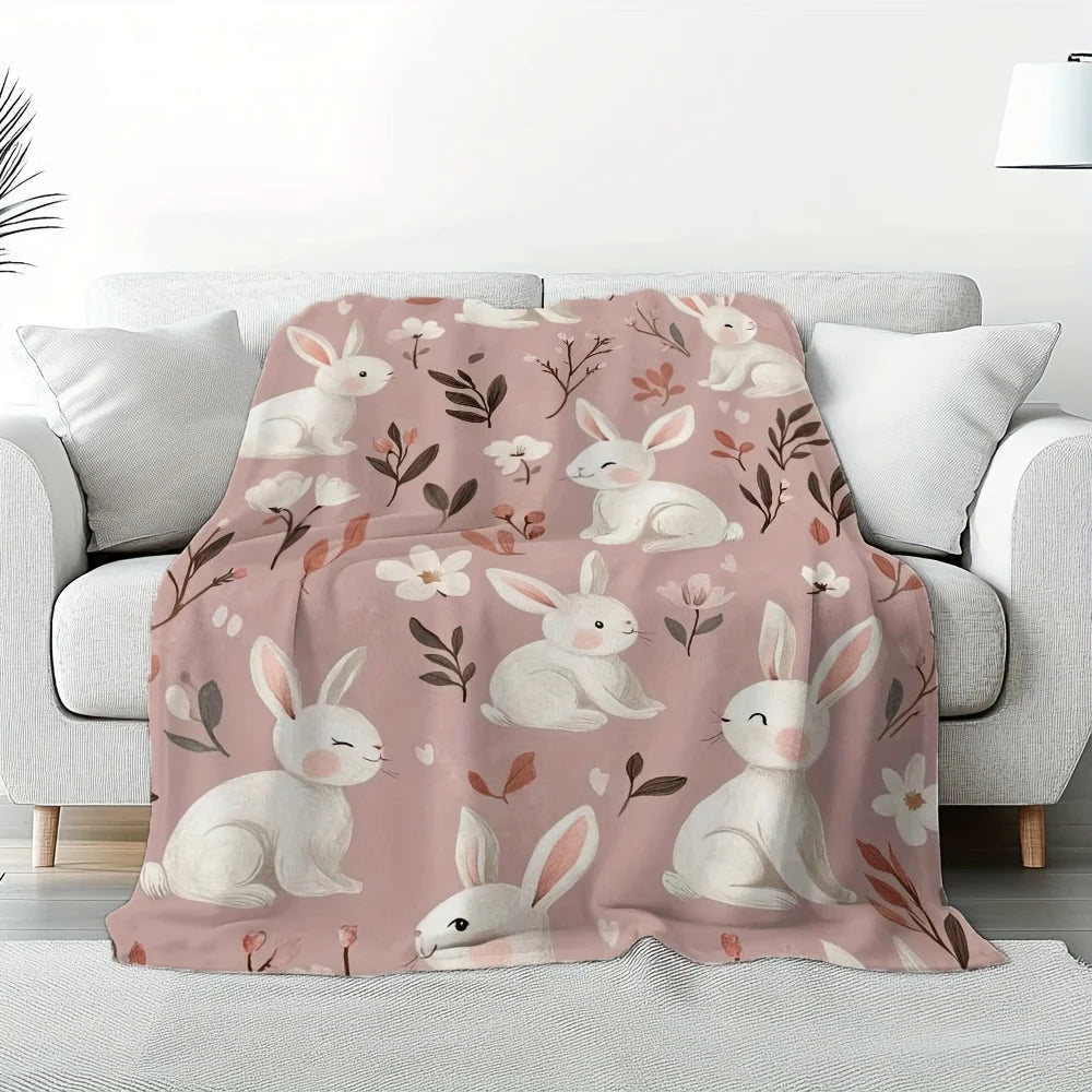 Cozy Easter Bunny Flannel Throw Blanket .Soft Pink Floral Rabbit Design for Couch & Bed