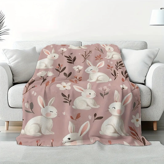 Cozy Easter Bunny Flannel Throw Blanket .Soft Pink Floral Rabbit Design for Couch & Bed