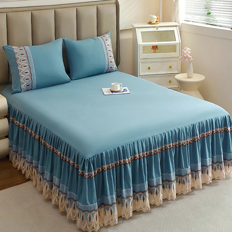 Elegant Solid Color Lace Bed Skirt Set