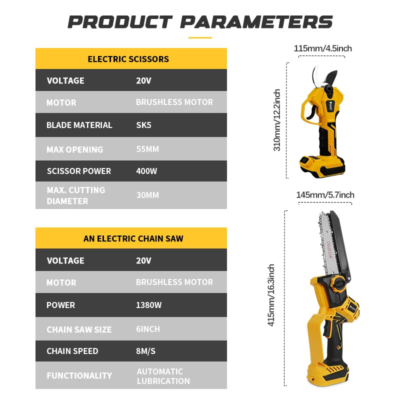 Brushless Cordless Pruning Set. Chainsaw, Electric Shears & Telescoping Pole