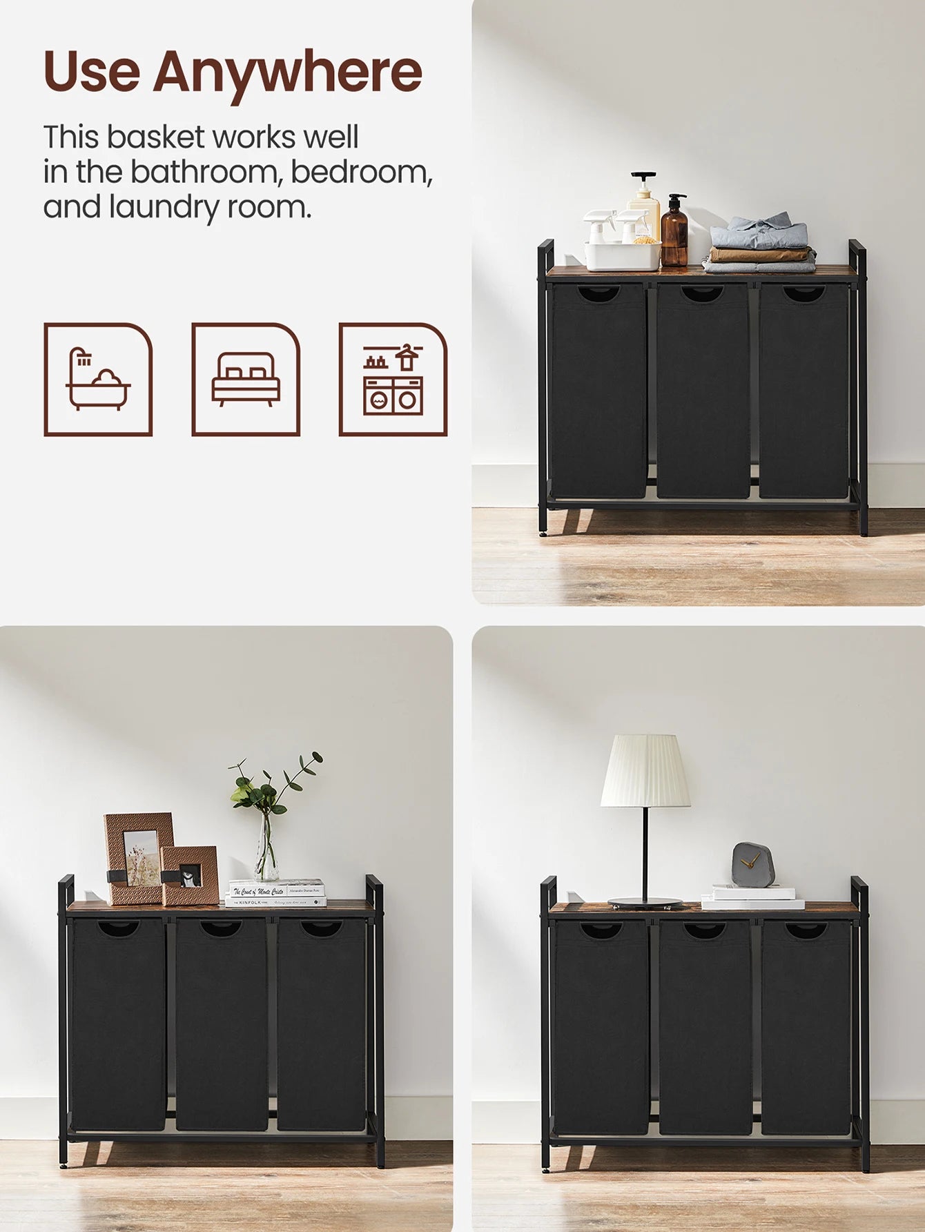 3-Bag Laundry Sorter with Rustic Wood Top. Large Laundry Hamper