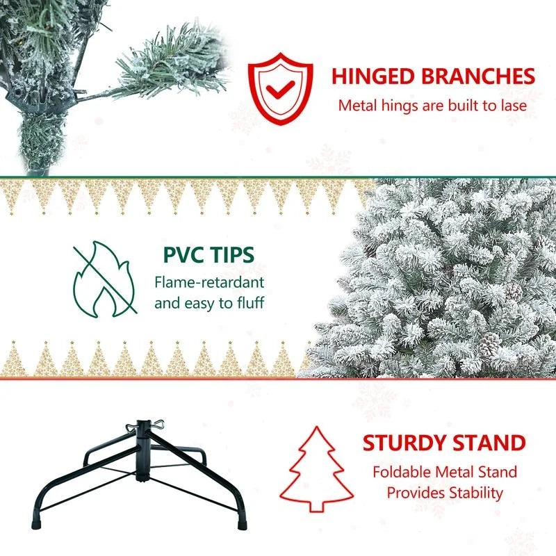 6FT–7FT Snow-Flocked Artificial Christmas Tree .Full Holiday Tree with Realistic Winter Branches