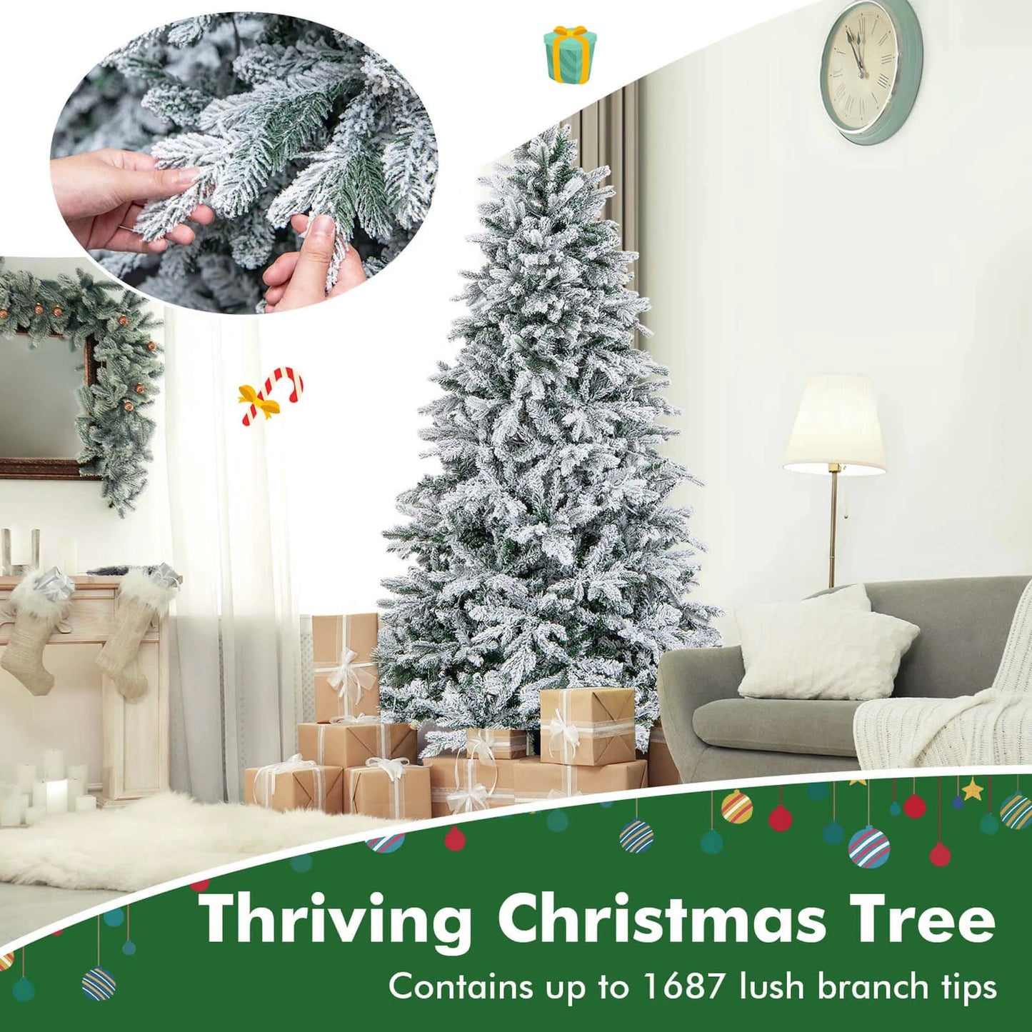4.5FT–7FT Flocked Artificial Christmas Tree .Premium Snow-Flocked Holiday Tree with Metal Stand