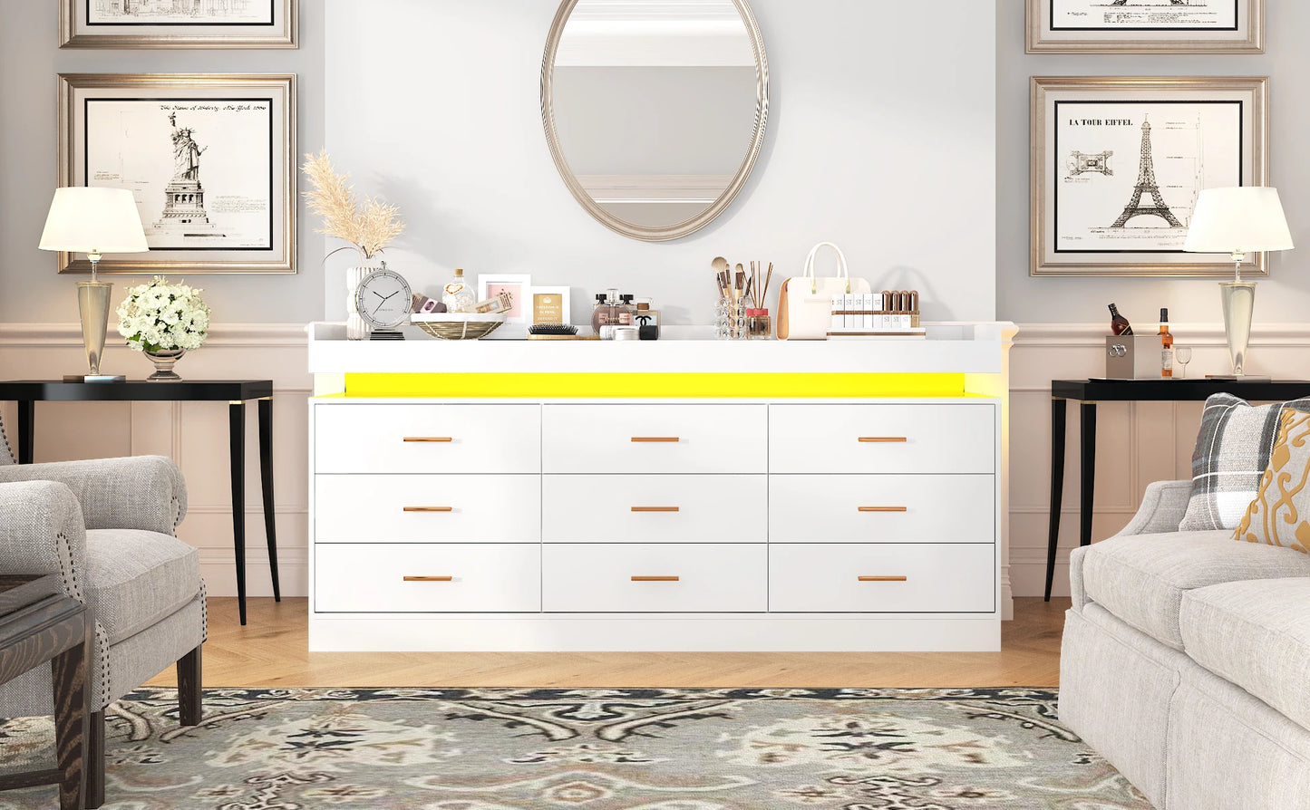 9 Drawer Dresser with LED Light and Charging Station, Modern Chest of Drawers for Closet, Wide Drawer Organizer Cabinet