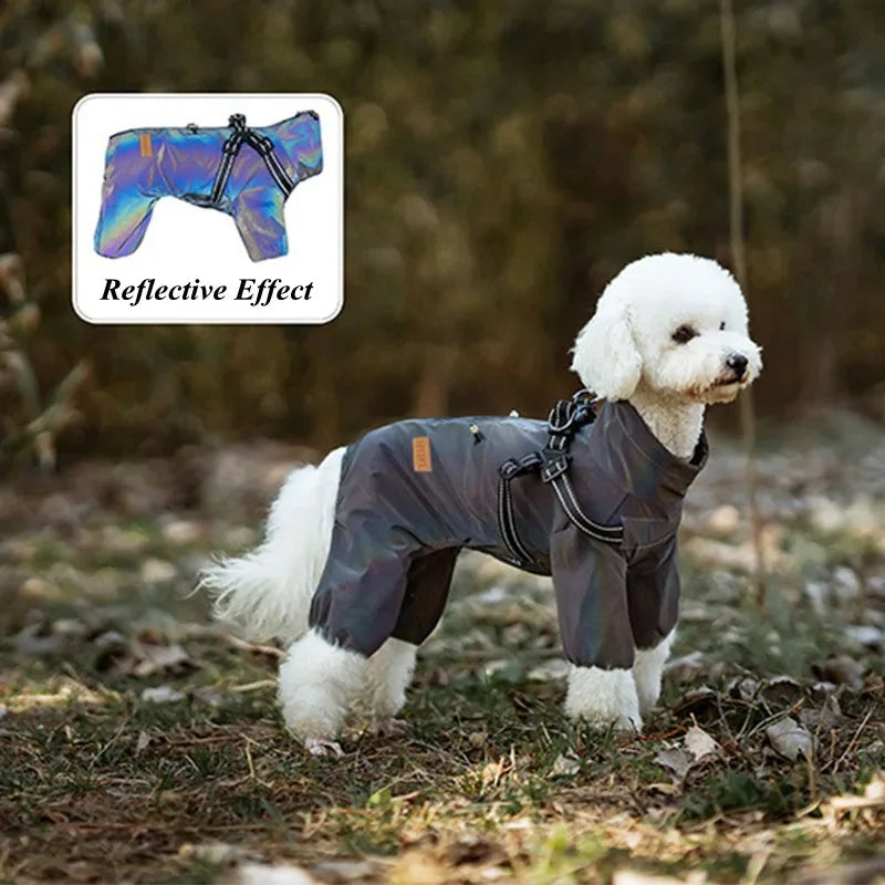 Waterproof Dog Raincoat with Harness . Reflective All-Weather Pet Jumpsuit