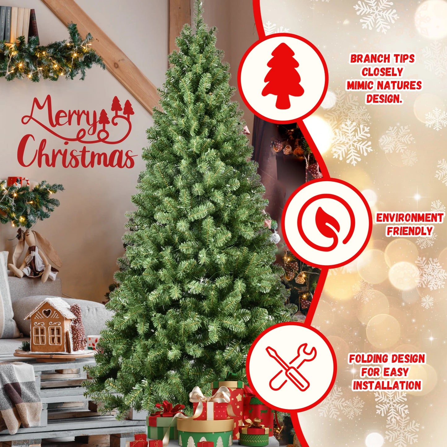 7ft Premium Pre-Lit Christmas Tree with 450 LED Lights . Realistic Full Pine Design for Home & Holiday Décor