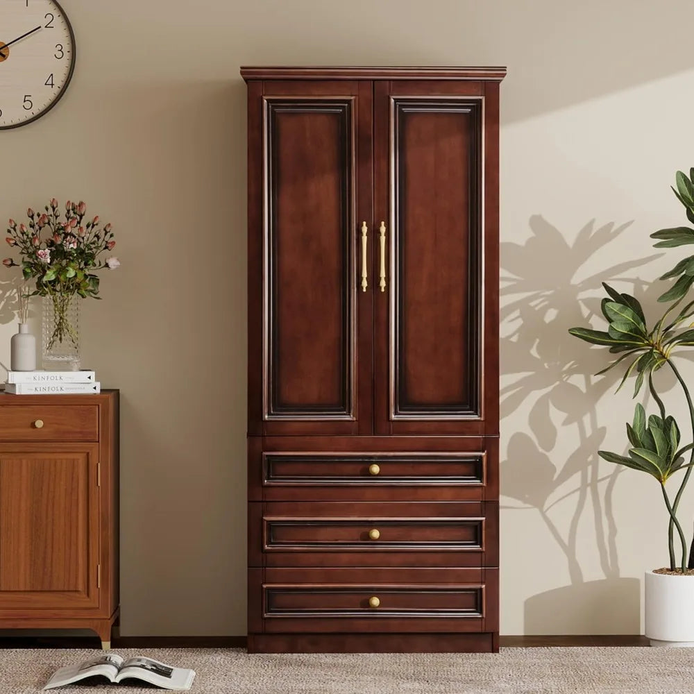 Solid Wood Armoire Wardrobe Closet, 2 Door Modern Solid Wood Wardrobe Cabinet with 2 Drawers, Armoire Closet with Hanging Rods C