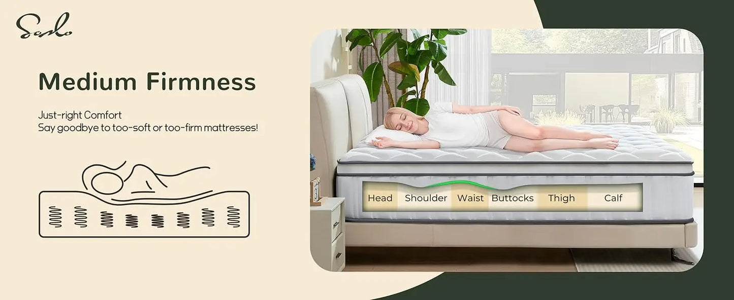 14 Inch Queen Size Hybrid Mattress with Cooling Gel and Individual Pocket Springs for Motion Isolation & Edge Support, Medium Fi