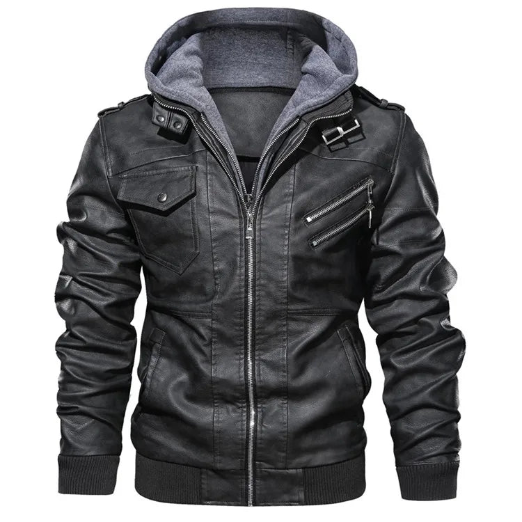 Men’s Hooded PU Leather Motorcycle Jacket