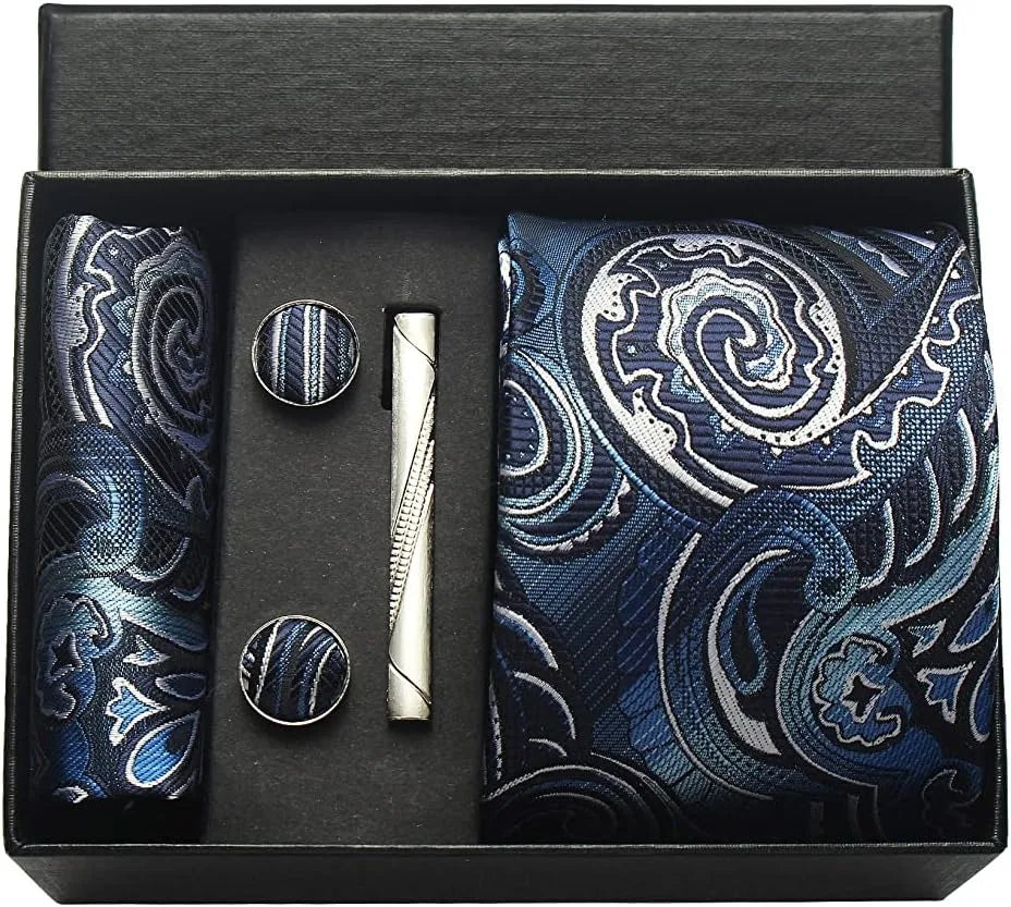 Luxury 100% Silk Paisley Floral Men’s Necktie Set | Business Tie with Matching Pocket Square & Formal Accessories