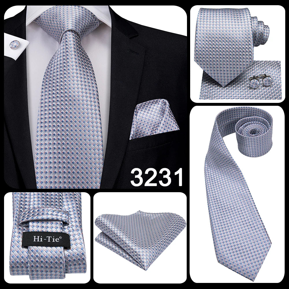 Hi-Tie Luxury Silver Men’s Necktie Set with Pocket Square & Cufflinks | Wedding, Business & Formal Events