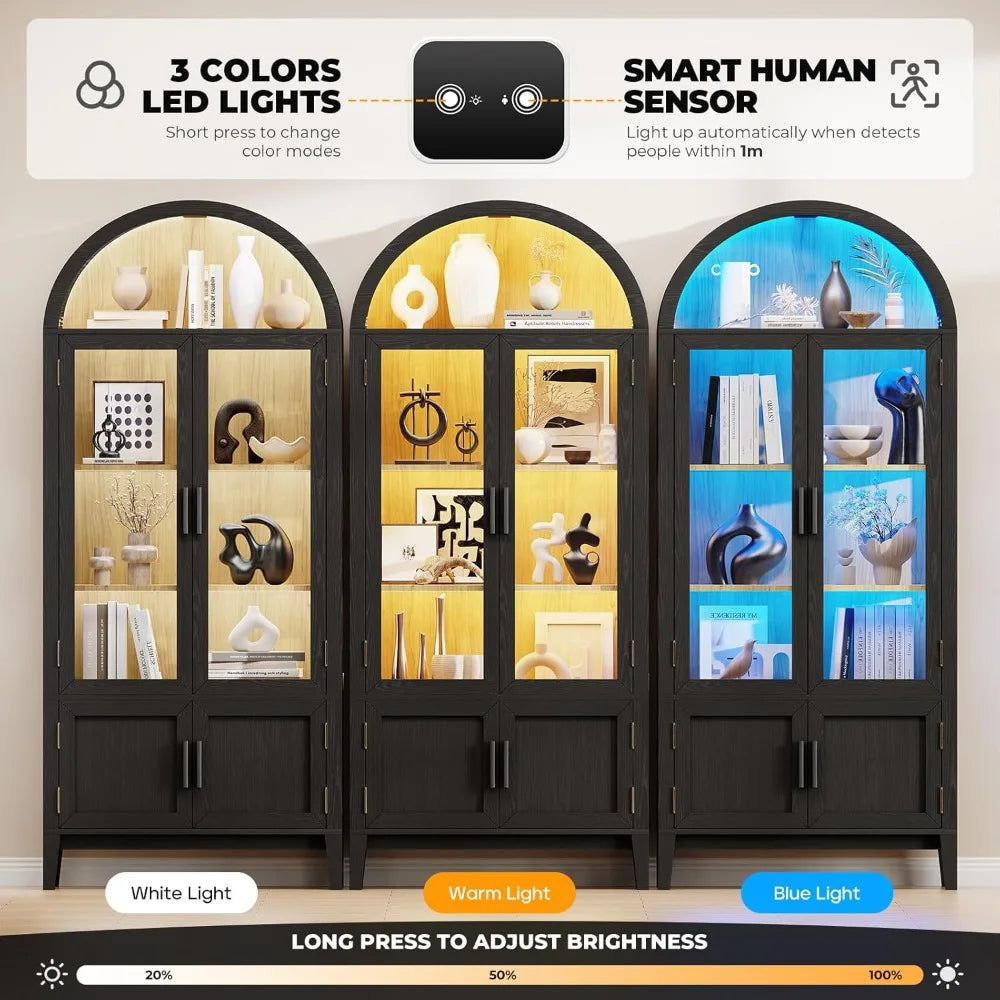 71-inch Kitchen Pantry Cabinet with Arched Bookcase, Glass Doored China Storage Cabinet and Shelves, Human Body Sensor, Versati