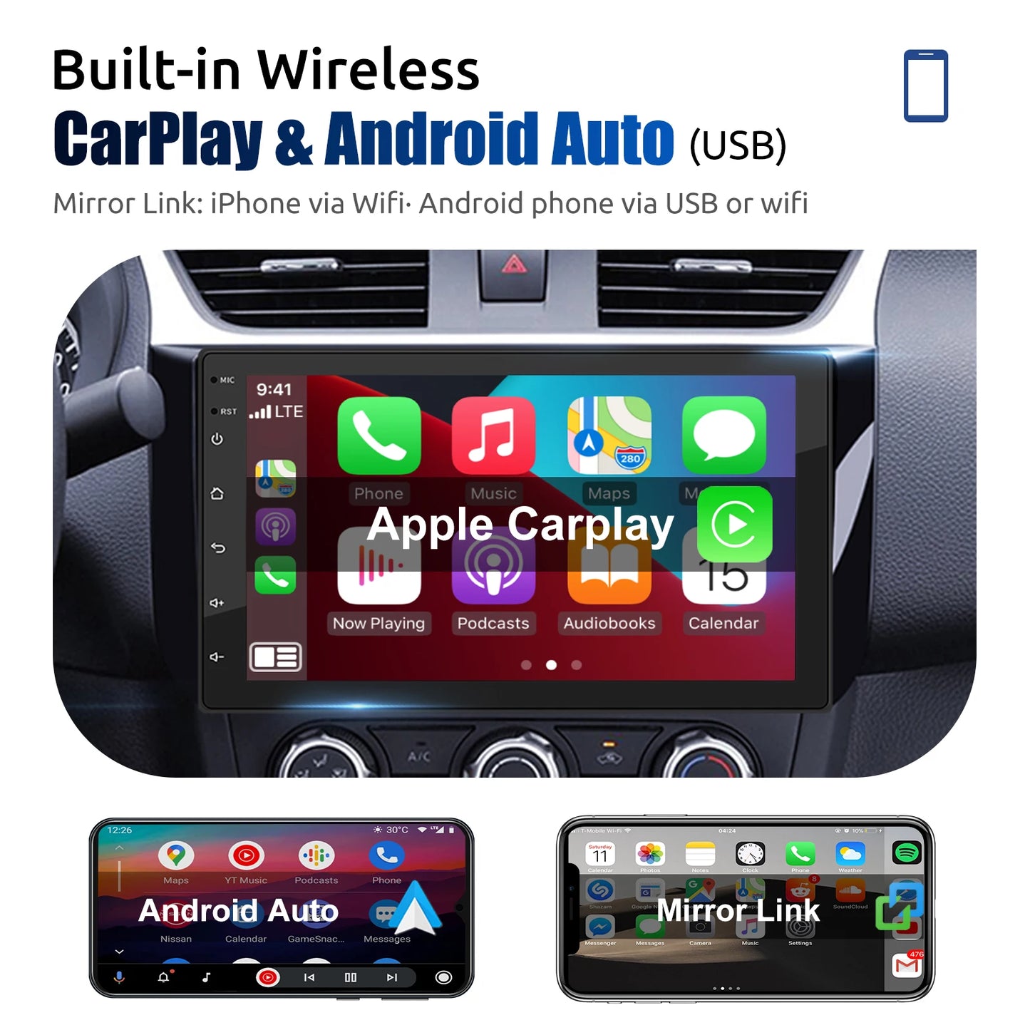 ESSGOO Android 14 Car Stereo . 7”/9”/10” Touchscreen with Wireless CarPlay, Android Auto, GPS Navigation & Bluetooth