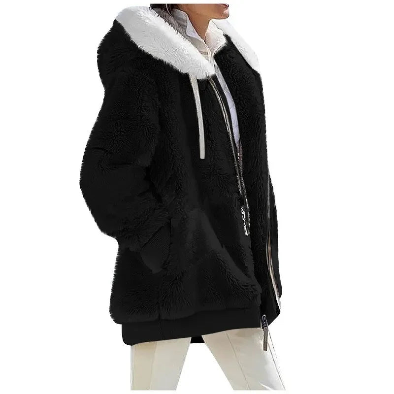 Women's Casual Hooded Winter Coat – Long Sleeve Fleece-Lined Zip-Up Jacket