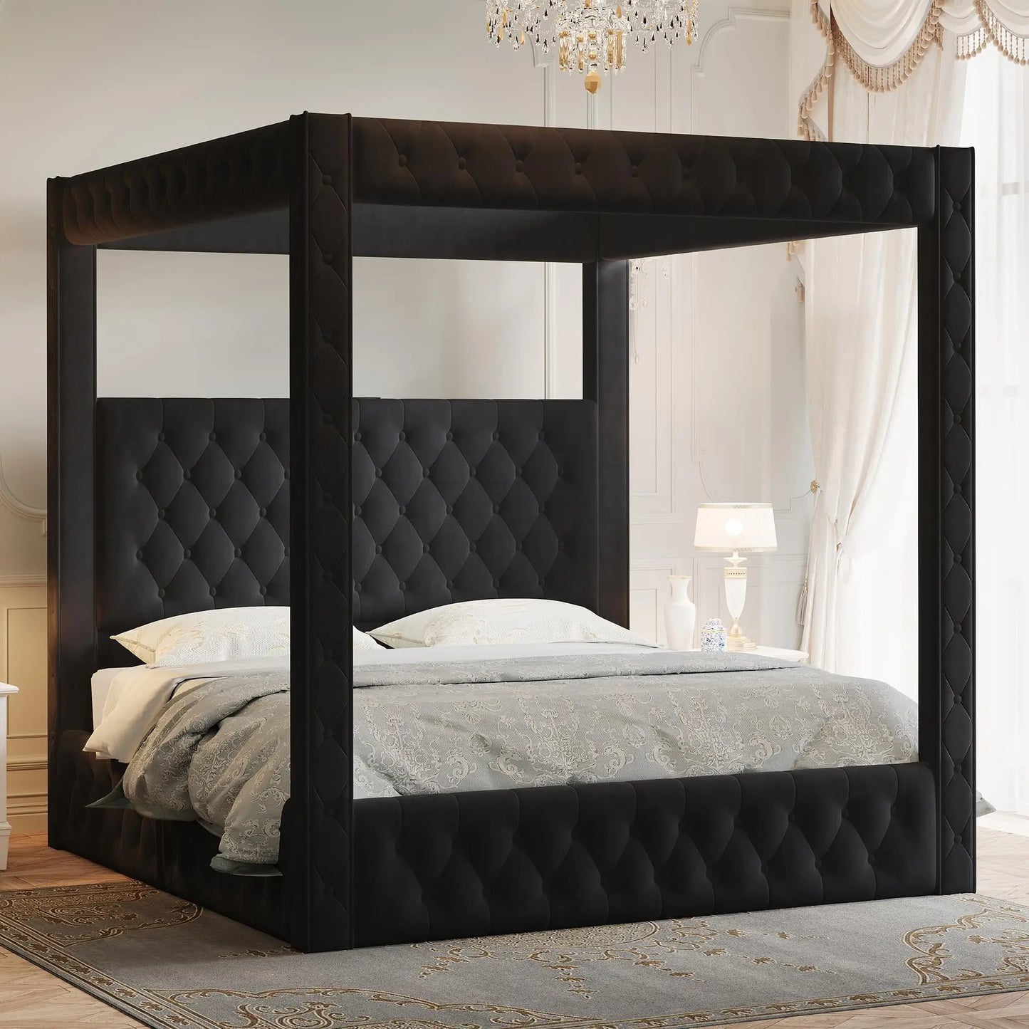 Velvet Upholstered Canopy Bed Frame with Padded Headboard