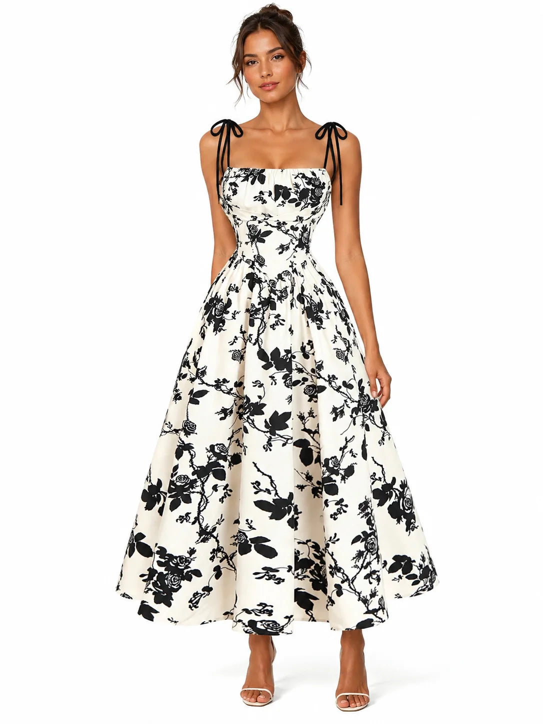 Women’s Floral Tie Shoulder Midi Dress | Square Neck Smocked Back A-Line Summer Sundress