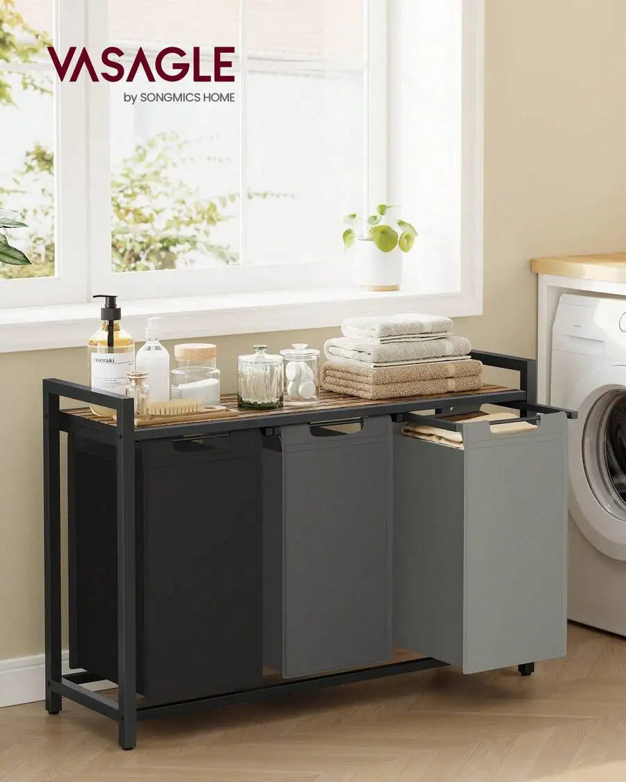 3-Section Laundry Sorter Hamper with Removable Bags & Pull Handles