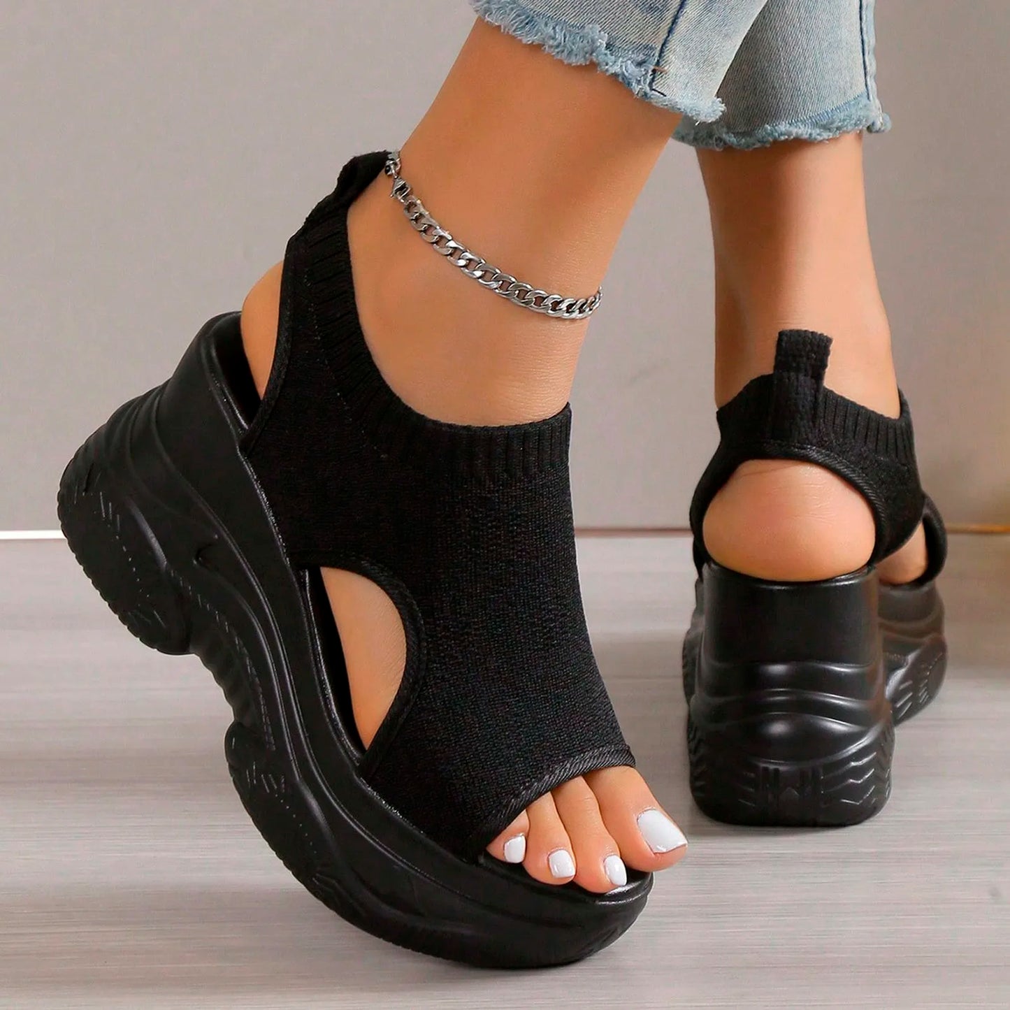 Thick Soled Sandals For Women Summer Mesh Breathable Peep Toe Sloping Heel Sandals Plus Size Sports Walking Mesh Flat Shoes