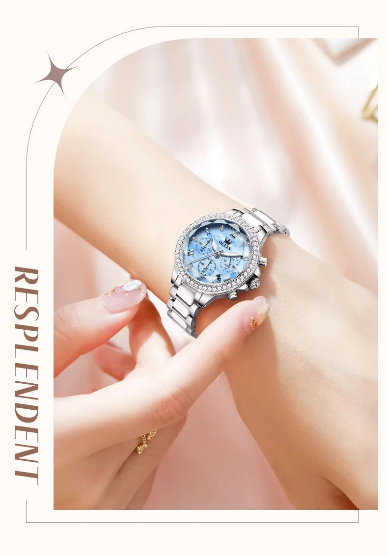 OLEVS Luxury Women’s Waterproof Chronograph Watch. Rose Gold Crystal Fashion Timepiece
