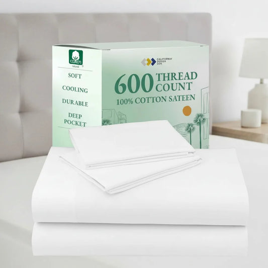 Luxury 600 Thread Count King Sheets Set - 100% Cotton Deep Pocket Sateen Bedding with Elastic Fit, Hotel Quality White