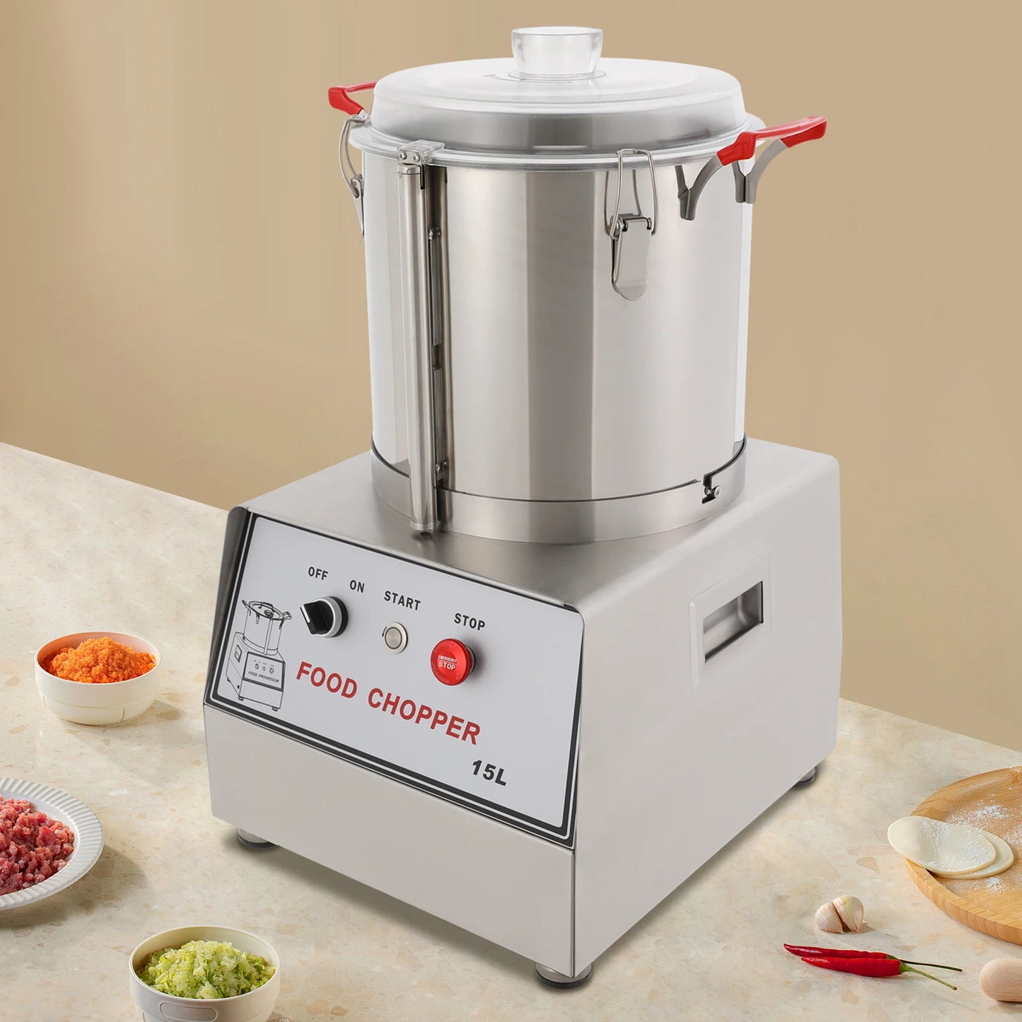 15L 201 Stainless Steel Silver Food Processor Chopping Machine 110V ,Tabletop 1400rpm for Restaurants, Cafeterias