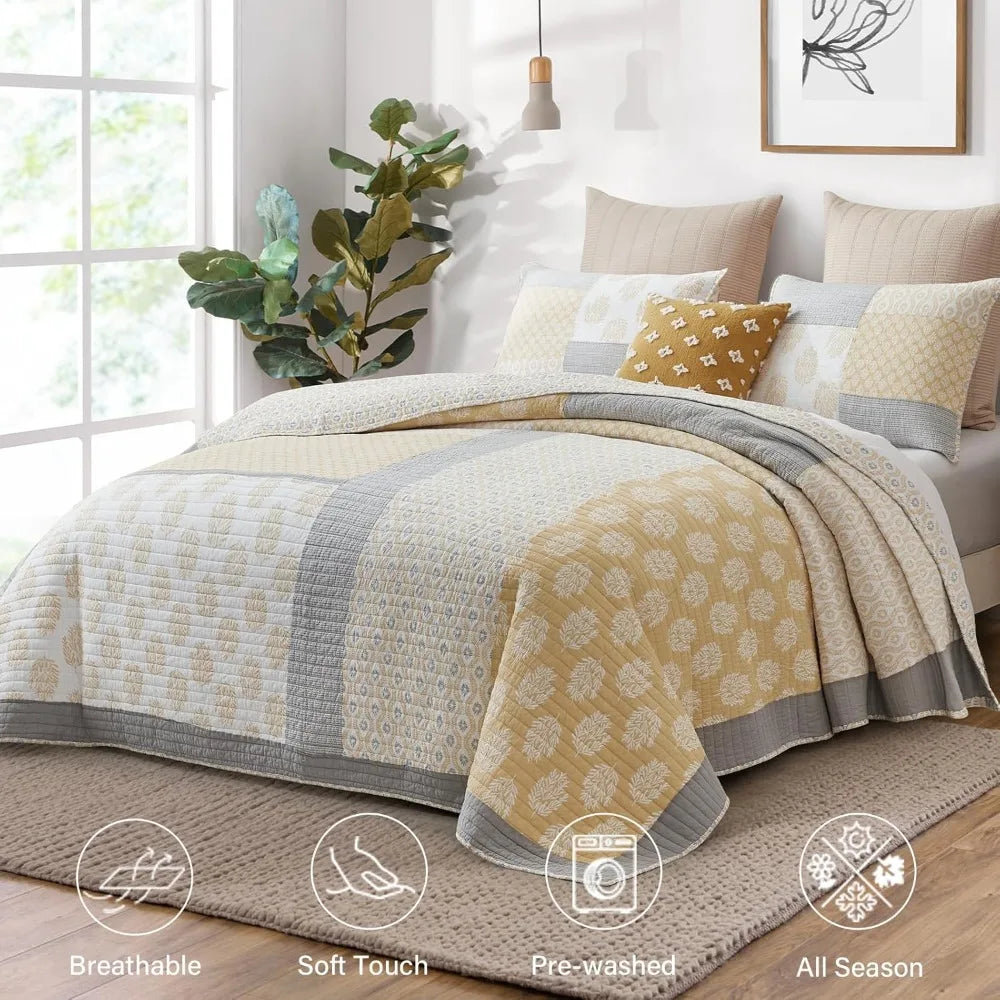 Cotton King Size Quilt, Yellow and Grey Patchwork Bedspread, Lightweight Reversible Farmhouse Style