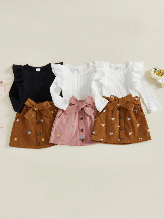 Cute Baby Girl Fall Outfit Set with Ruffle Long Sleeve Shirt and Bow Tie Skirt - Adorable 2 Piece Toddler Clothes