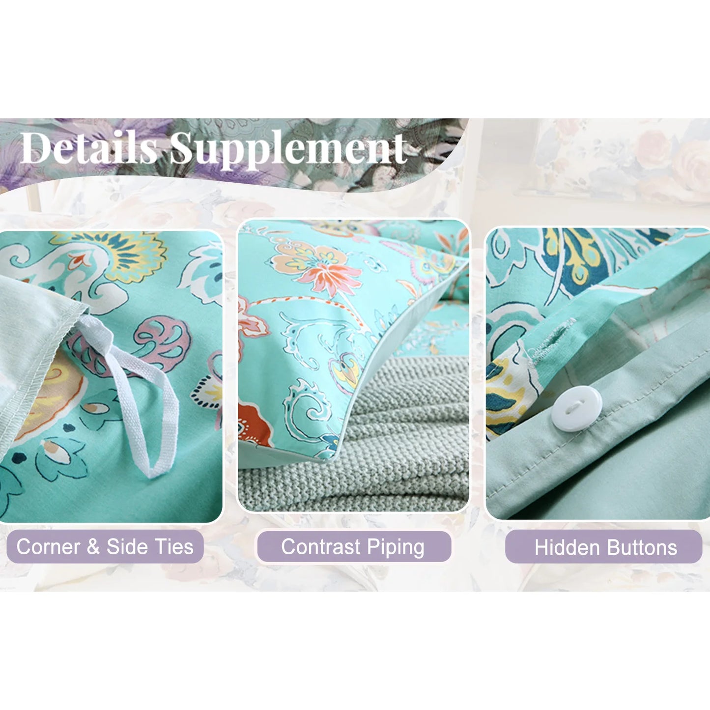 3pcs 600TC 100% Egyptian Cotton Duvet Cover Set, Vintage Cyan Paisley Floral, Soft Breathable Skin-Friendly (No Inserts)