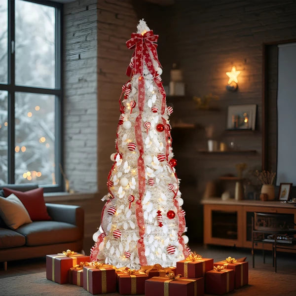 7 FT Fully Decorated Pre-lit Christmas Tree, Pop Up Artificial Xmas Tree with 170 Warm Lights and Red Ornaments for Home Office Store Holiday Deco, White
