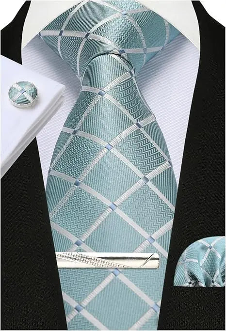100% Silk Plaid & Checkered Men’s Tie Set with Pocket Square, Tie Clip & Cufflinks. Business & Wedding Necktie Gift Set  Optimized Description