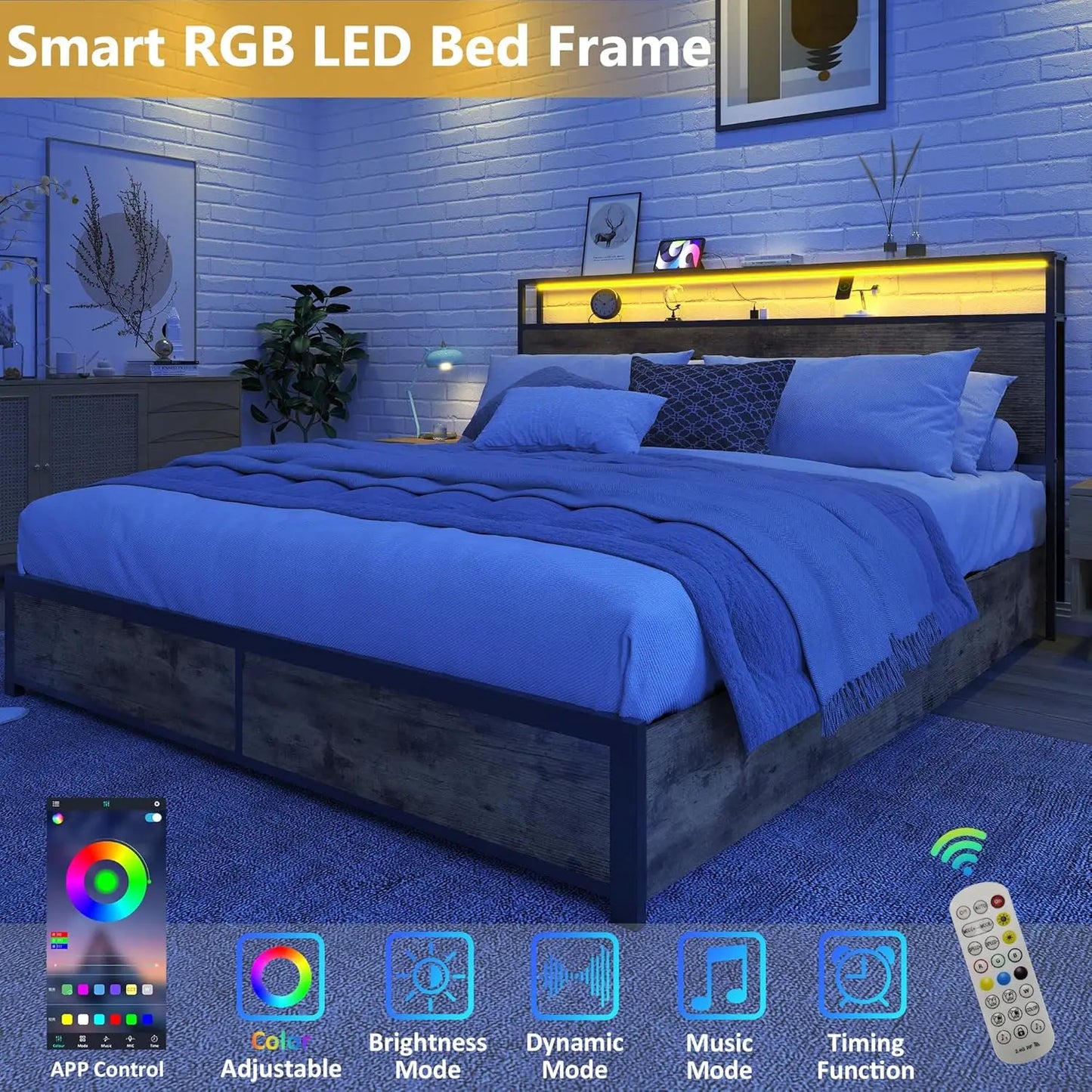 Queen Bed Frame with LED Lights, Charging Station & Storage Headboard